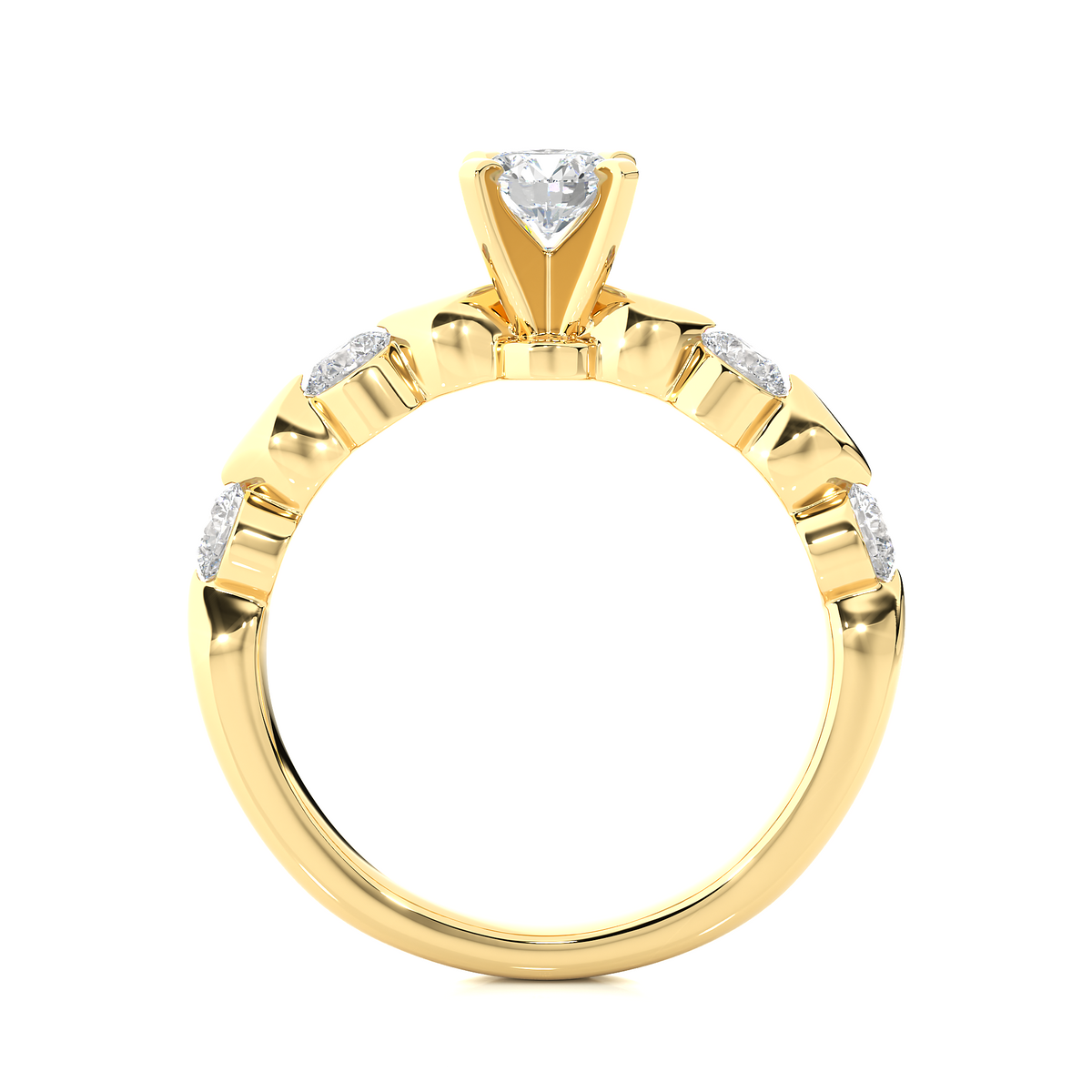 Leaf design with five round stone moissanite ring yellow gold