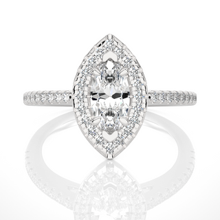 1.4 Ct Marquise Halo Moissanite Engagement Ring With French V-Split in White Gold
