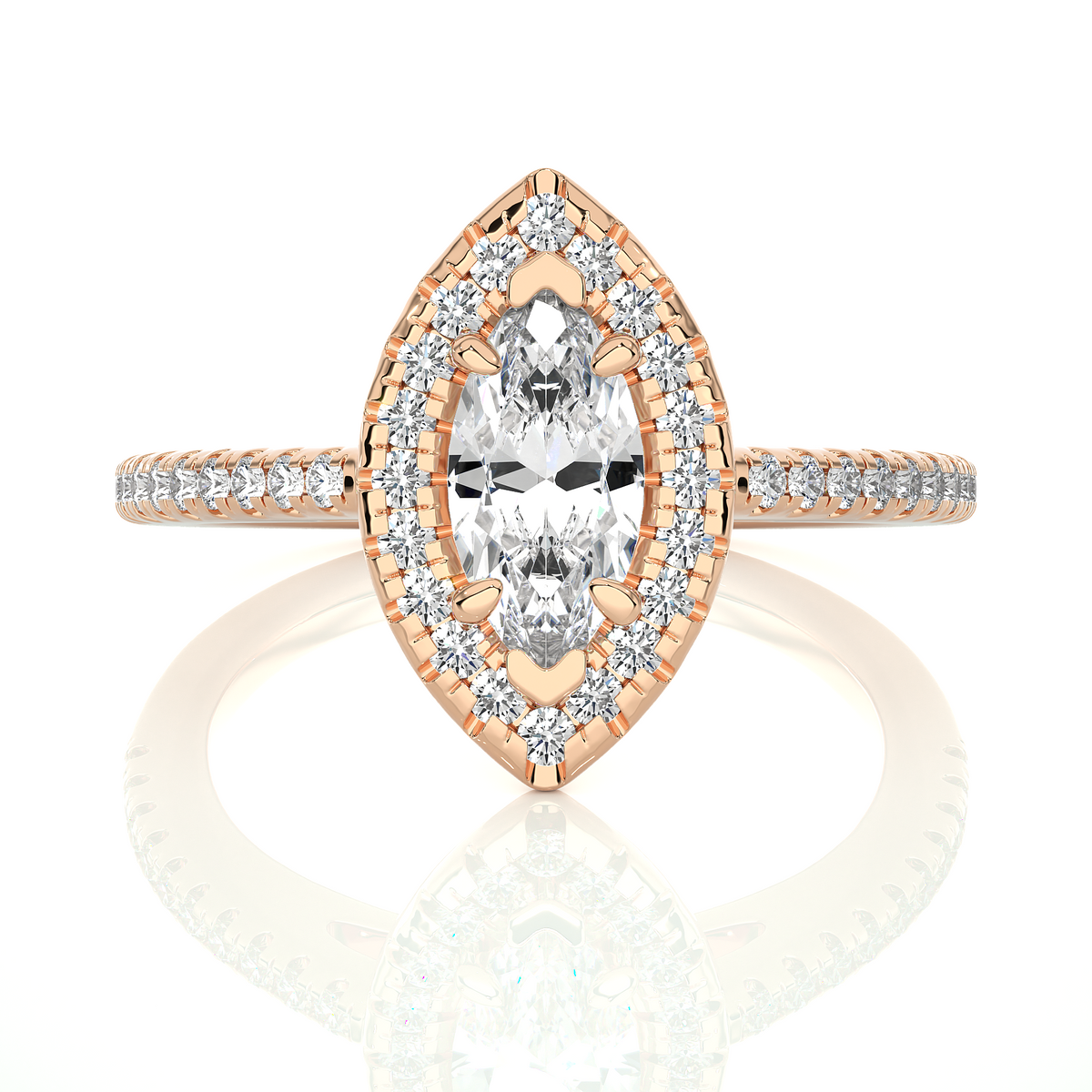 Marquise halo with frech v split moissanite ring rose gold