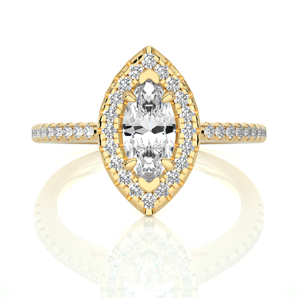 Marquise halo with frech v split moissanite ring yellow gold