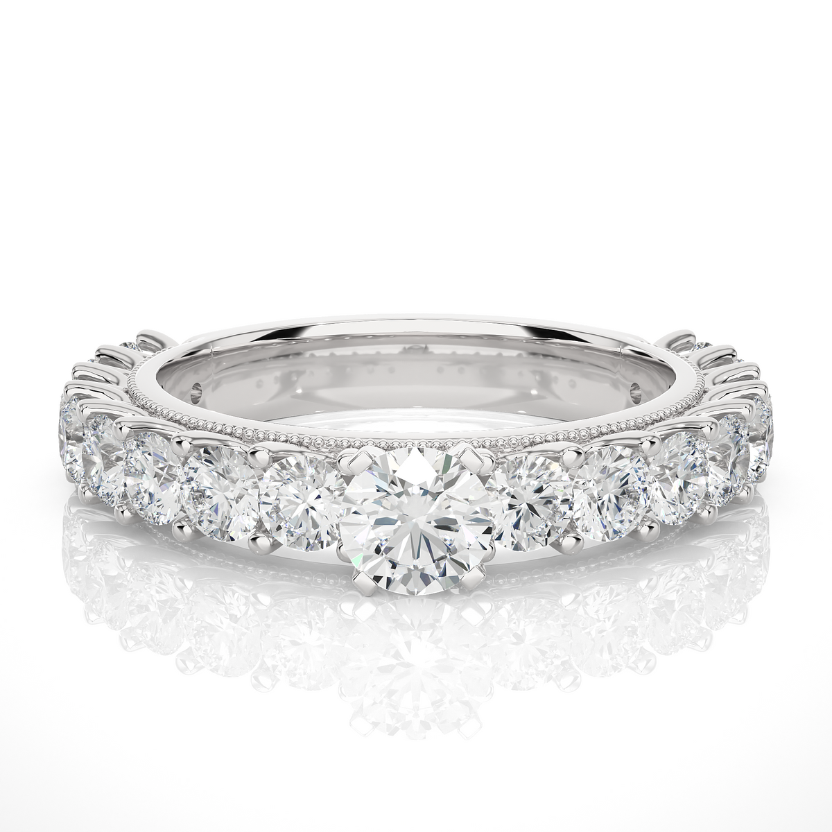 3 carat round moissanite engagement ring with beads in white gold