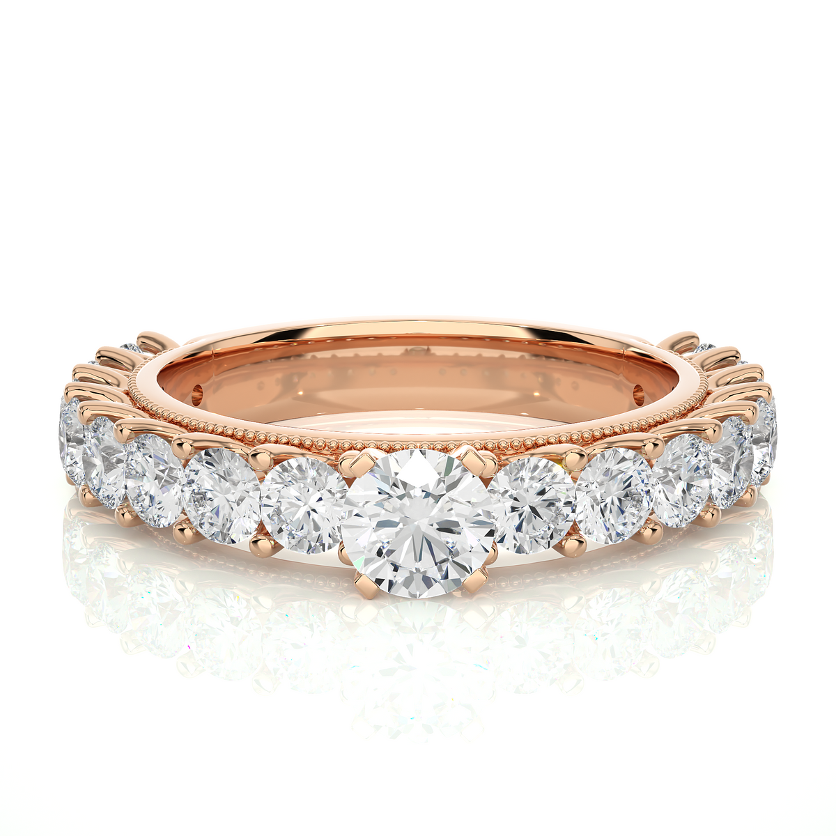 3 carat round moissanite engagement ring with beads in white gold