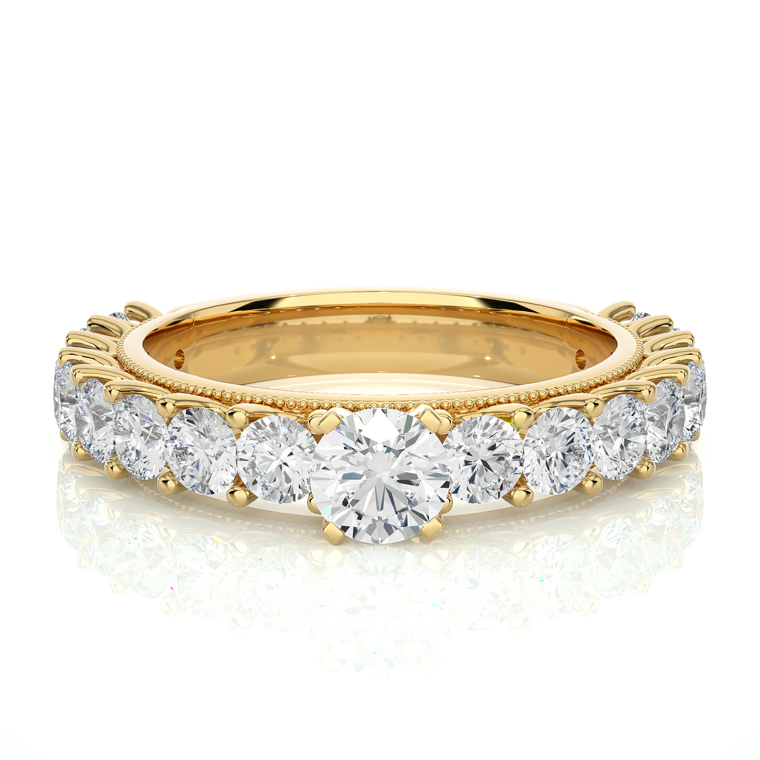 3 Carat Round Moissanite Engagement Ring With Beads In Yellow Gold
