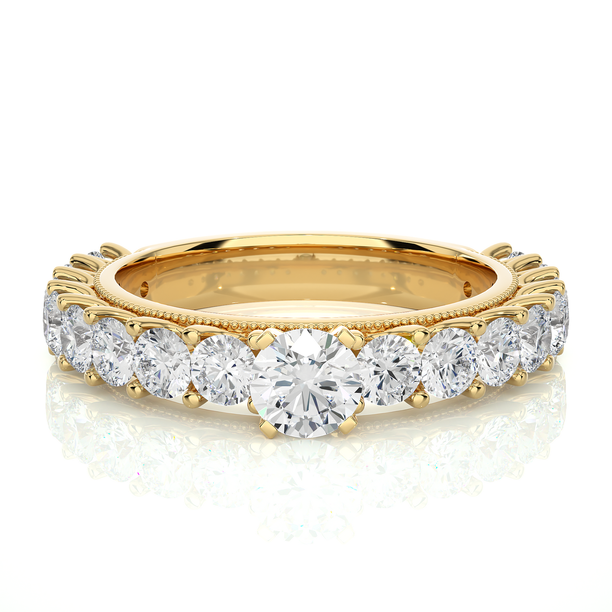 3 carat round moissanite engagement ring with beads in yellow gold