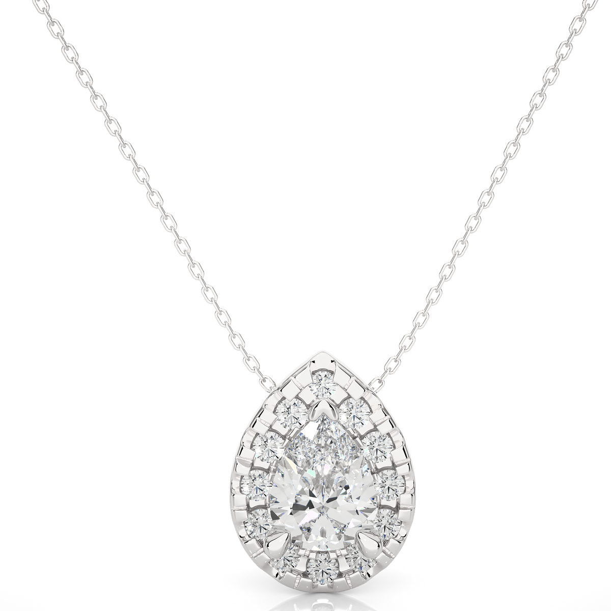 1 ct pear shaped moissanite halo pendant in white gold