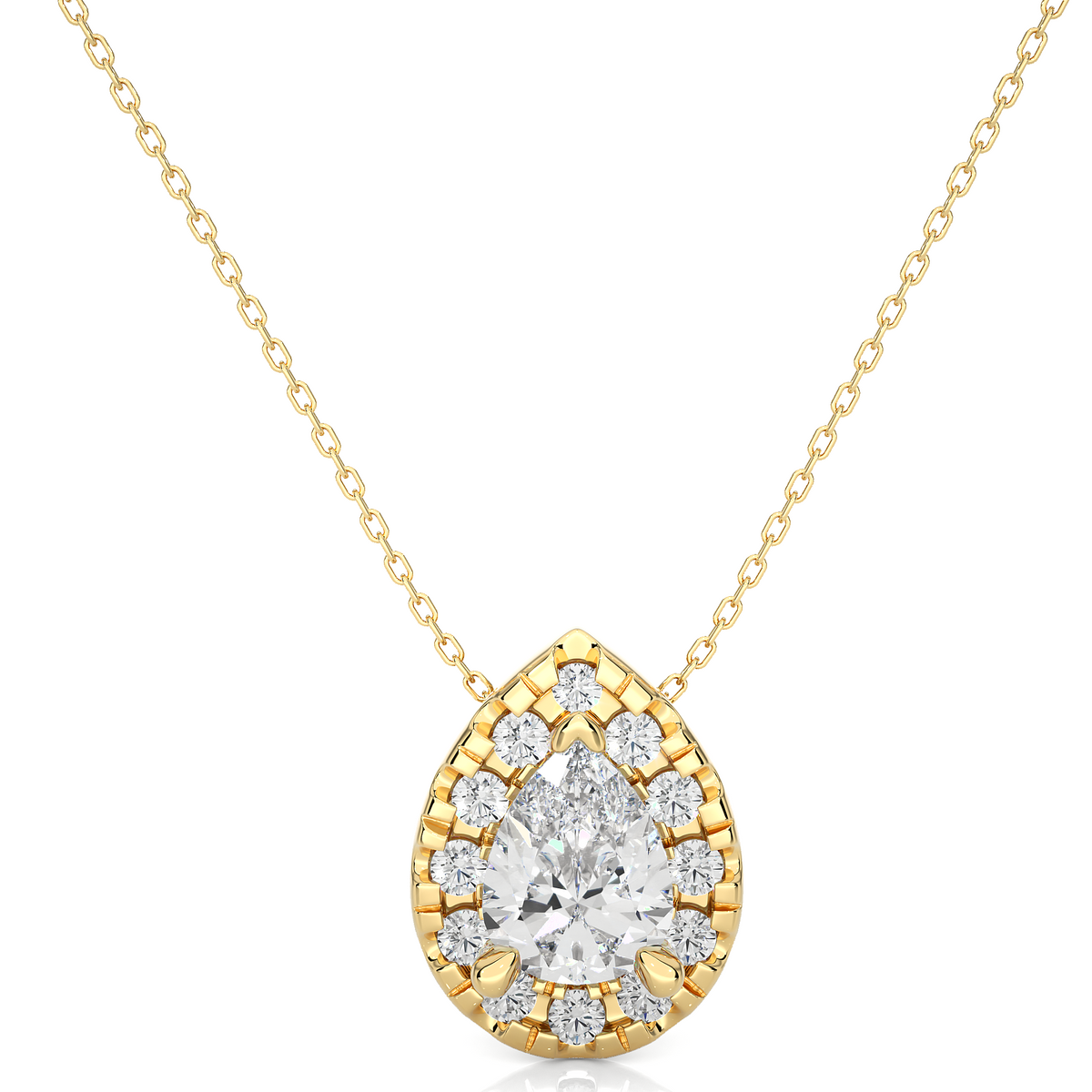 1 ct pear shaped moissanite halo pendant in yellow gold
