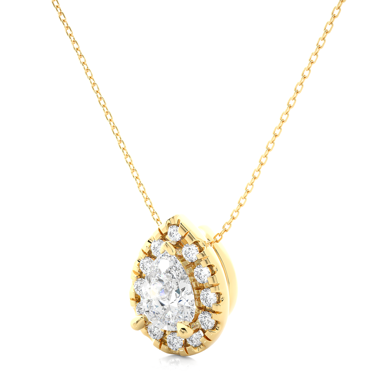 Pear shaped halo moissnaite pendant yellow gold