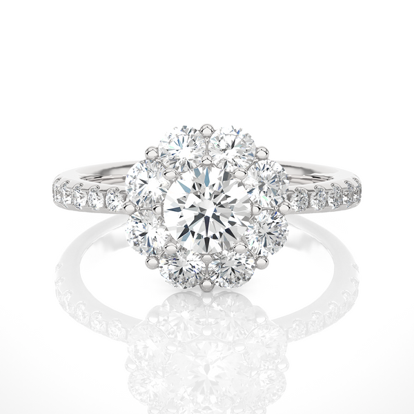 2 Carat Round Moissanite Halo Pinched Shank Ring In White Gold