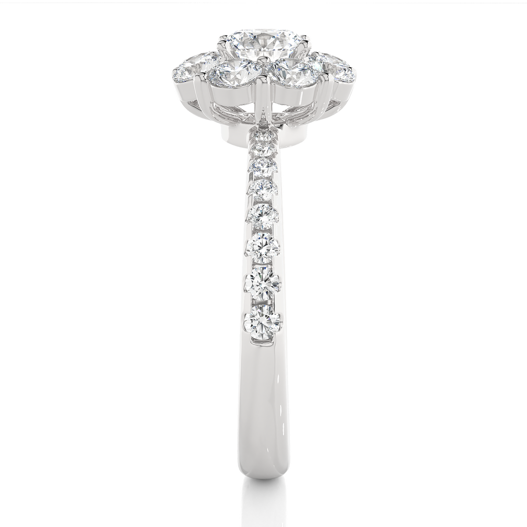 Pinched Shank Flower Design Moissnaite Ring white gold