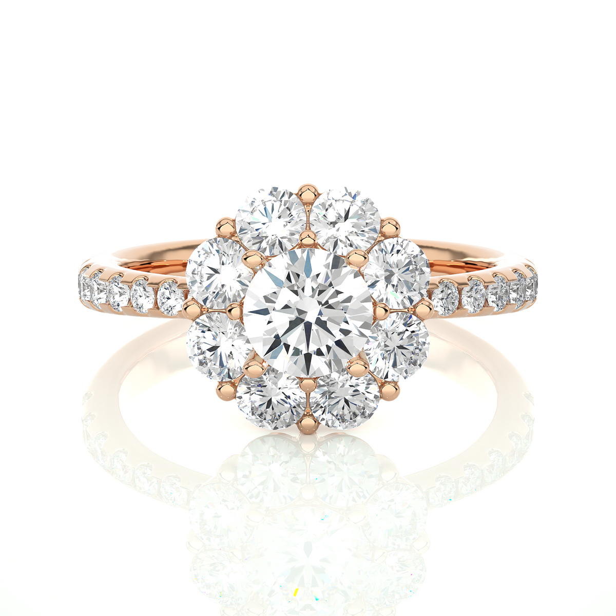 2 carat round moissanite halo pinched shank ring in white gold