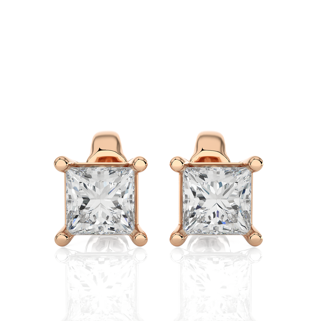 1 Ct Princess Cut Moissanite Solitaire Stud Earrings In Yellow Gold