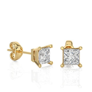 1 Ct Princess Soliatire Moissanite Stud Earrings in Yellow Gold