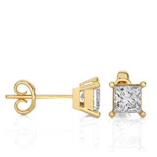 1 Ct Princess Soliatire Moissanite Stud Earrings in Yellow Gold