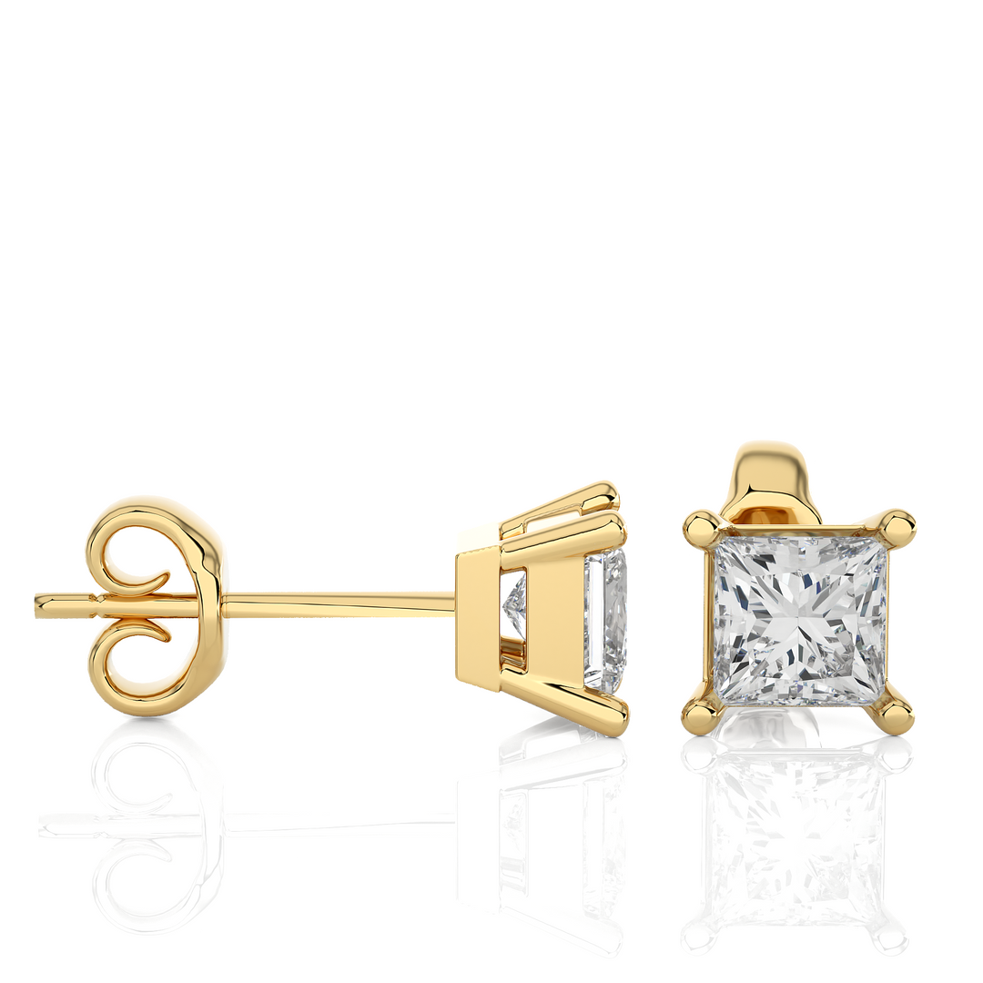 1 Ct Princess Cut Moissanite Solitaire Stud Earrings In Yellow Gold