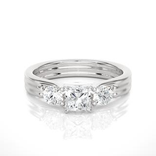 2 Carat Princess And Round Cut Three Stone Moissanite Ring in White Gold
