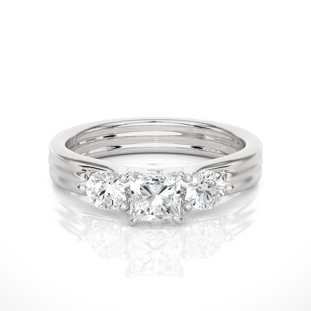 1 carat princess and round moissanite three stone ring in white gold