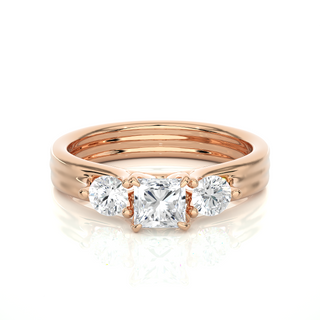 2 Carat Princess And Round Cut Three Stone Moissanite Ring in Yellow Gold