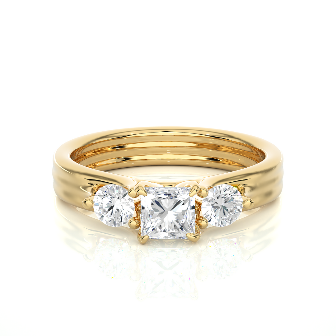 1 Carat Princess And Round Moissanite Three Stone Ring In White Gold