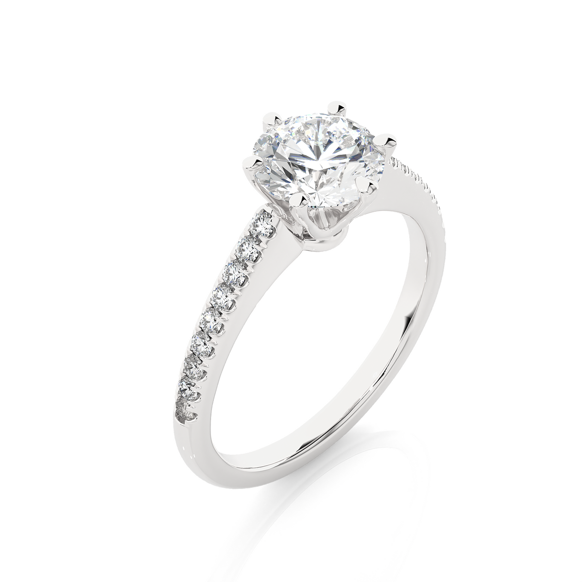 Round cut stone with six prong moissanite ring white gold