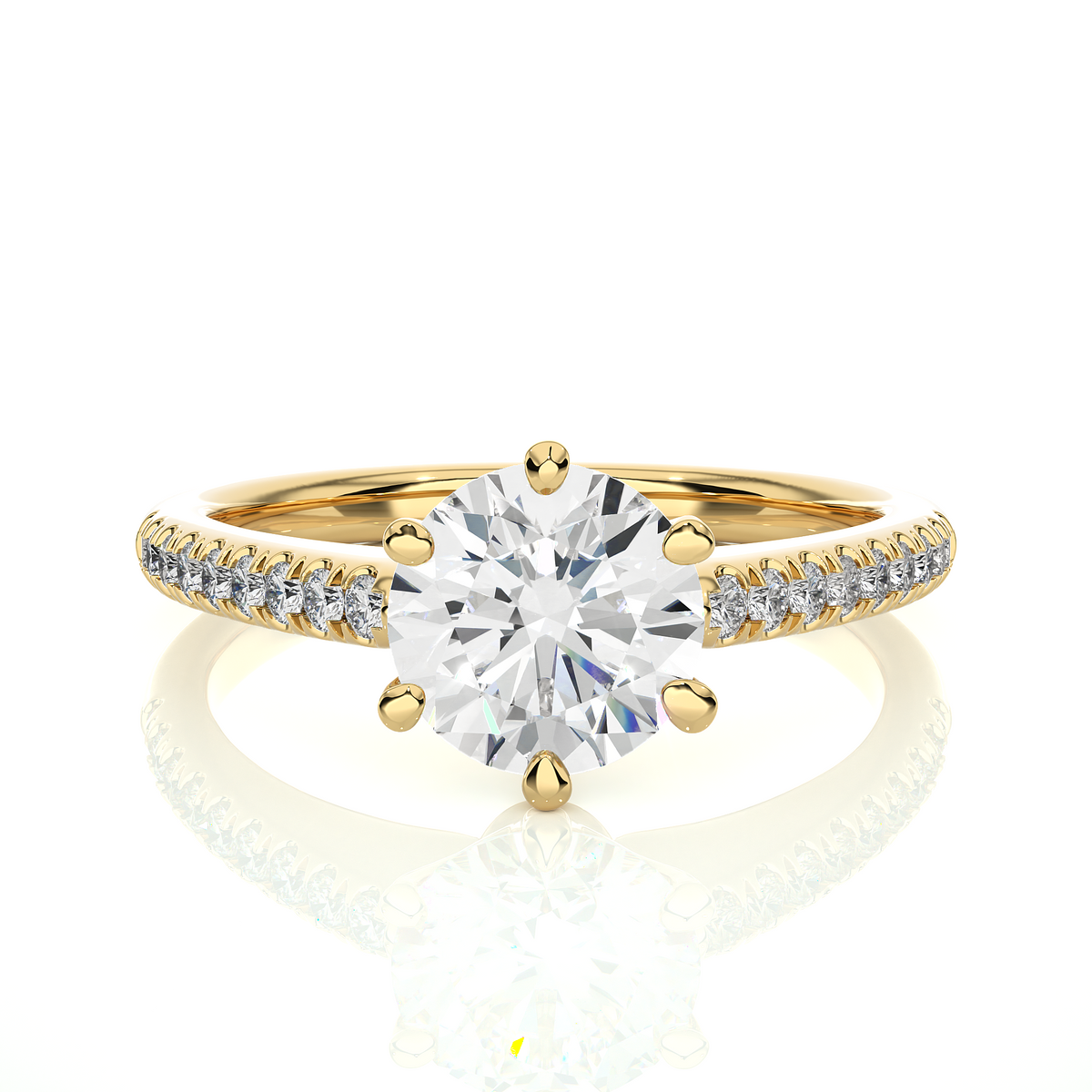 Round cut stone with six prong moissanite ring yellow gold