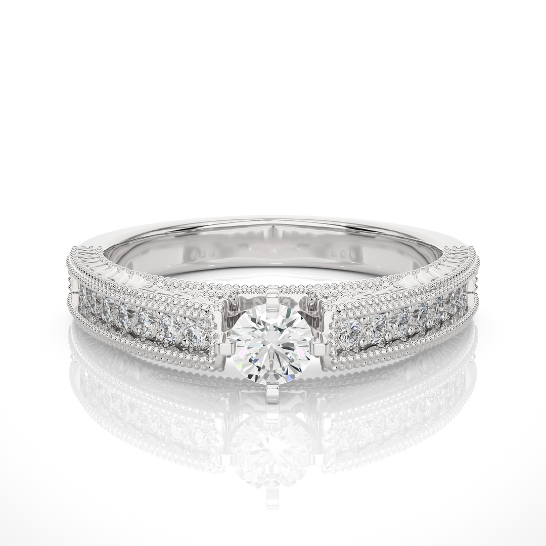 1.50 Ct Round Moissanite Vintage Ring With Beads Accent In White Gold