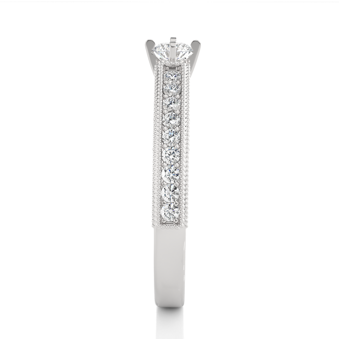 Round Cut with Beads Accent Moissanite Ring white gold