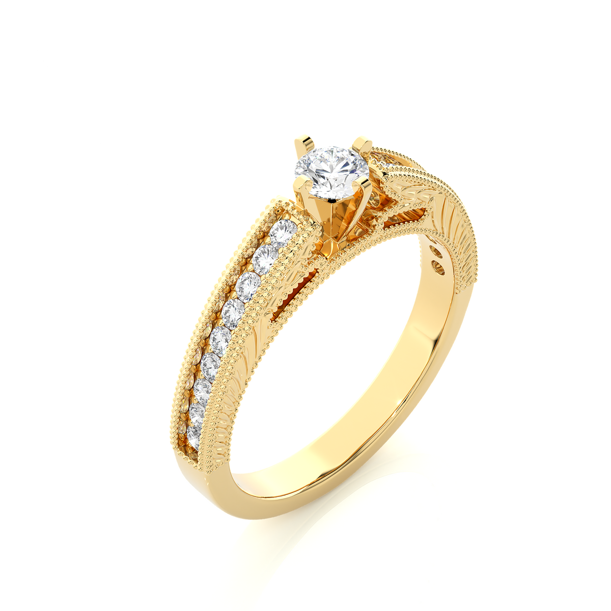 Round cut with beads accent moissanite ring yellow gold