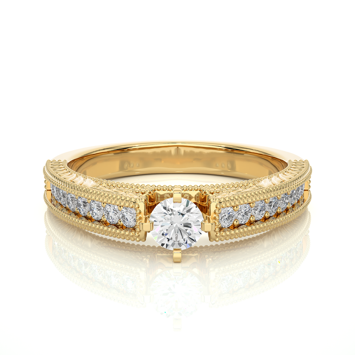 Round cut with beads accent moissanite ring yellow gold