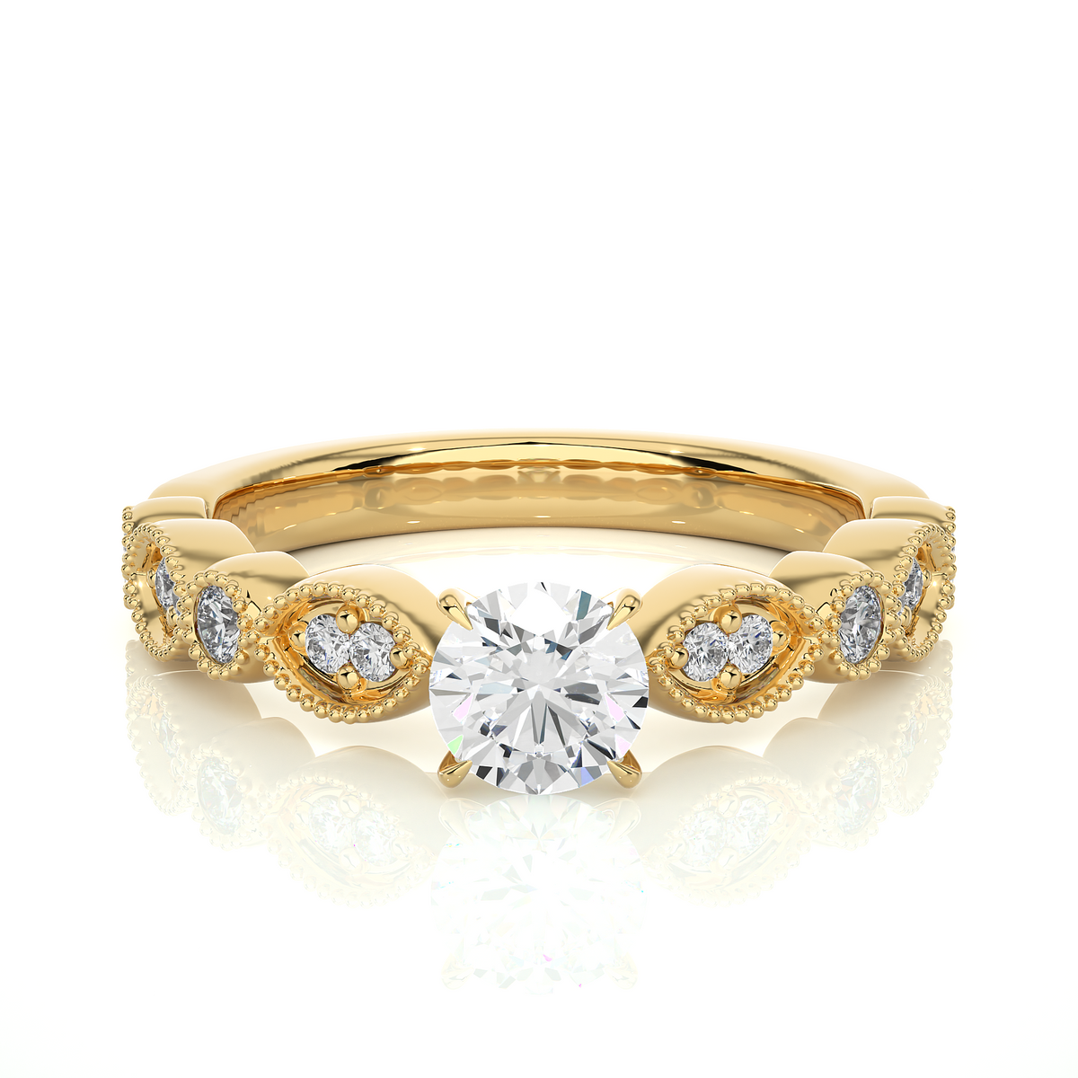 Round stone beads setting moissanite ring yellow gold