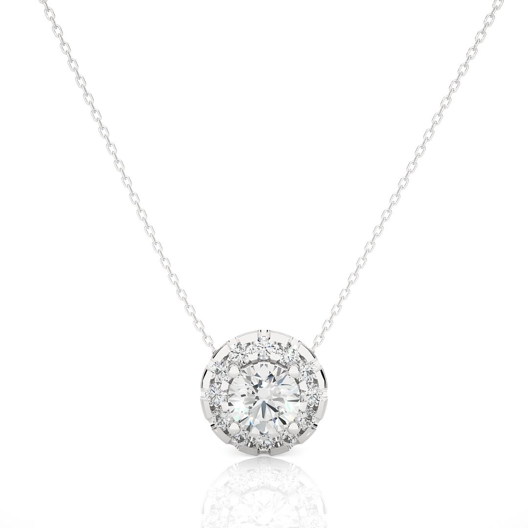 0.50 Cat Slim Scallop Halo Round Moissanite Pendant In Yellow Gold