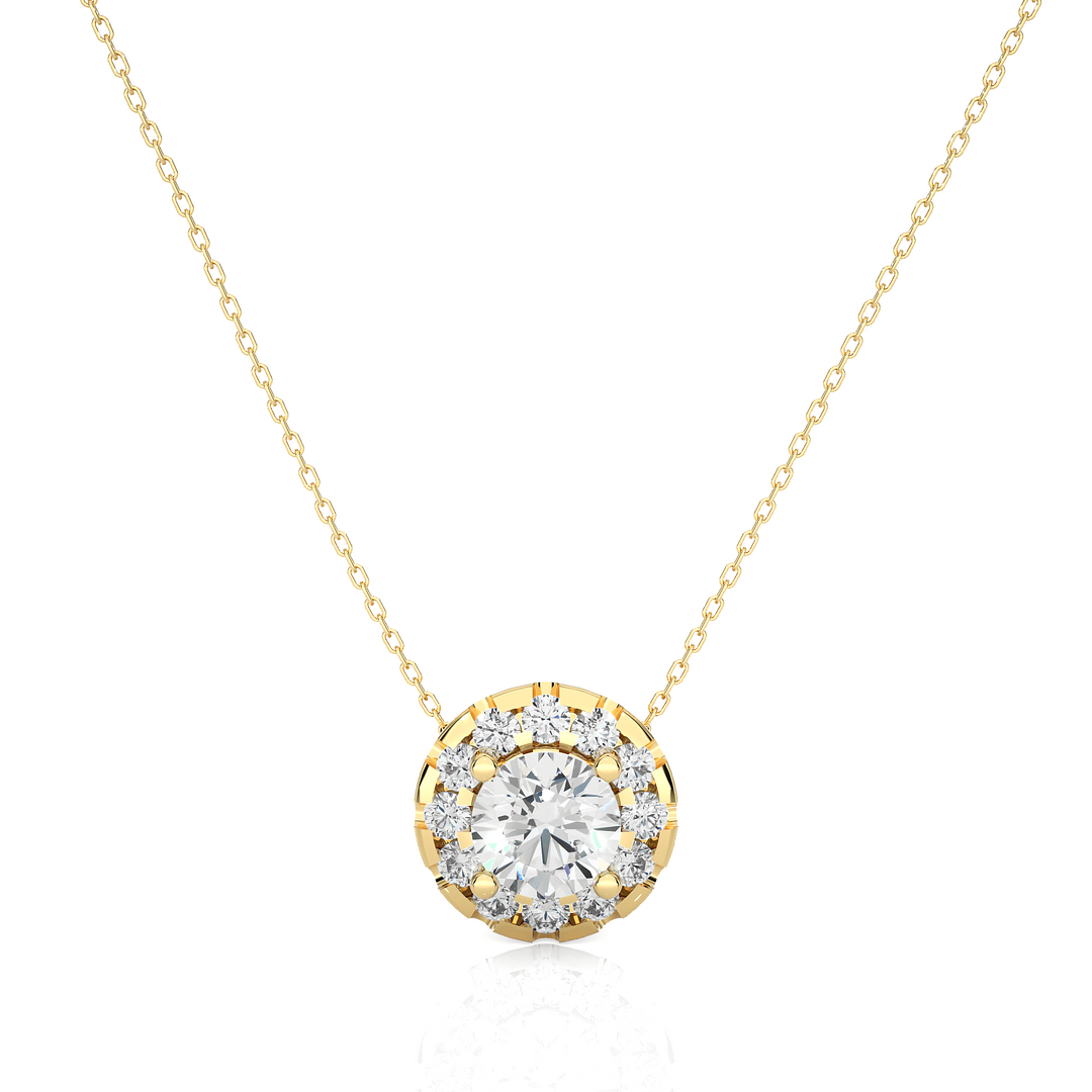 0.50 Cat Slim Scallop Halo Round Moissanite Pendant In Yellow Gold