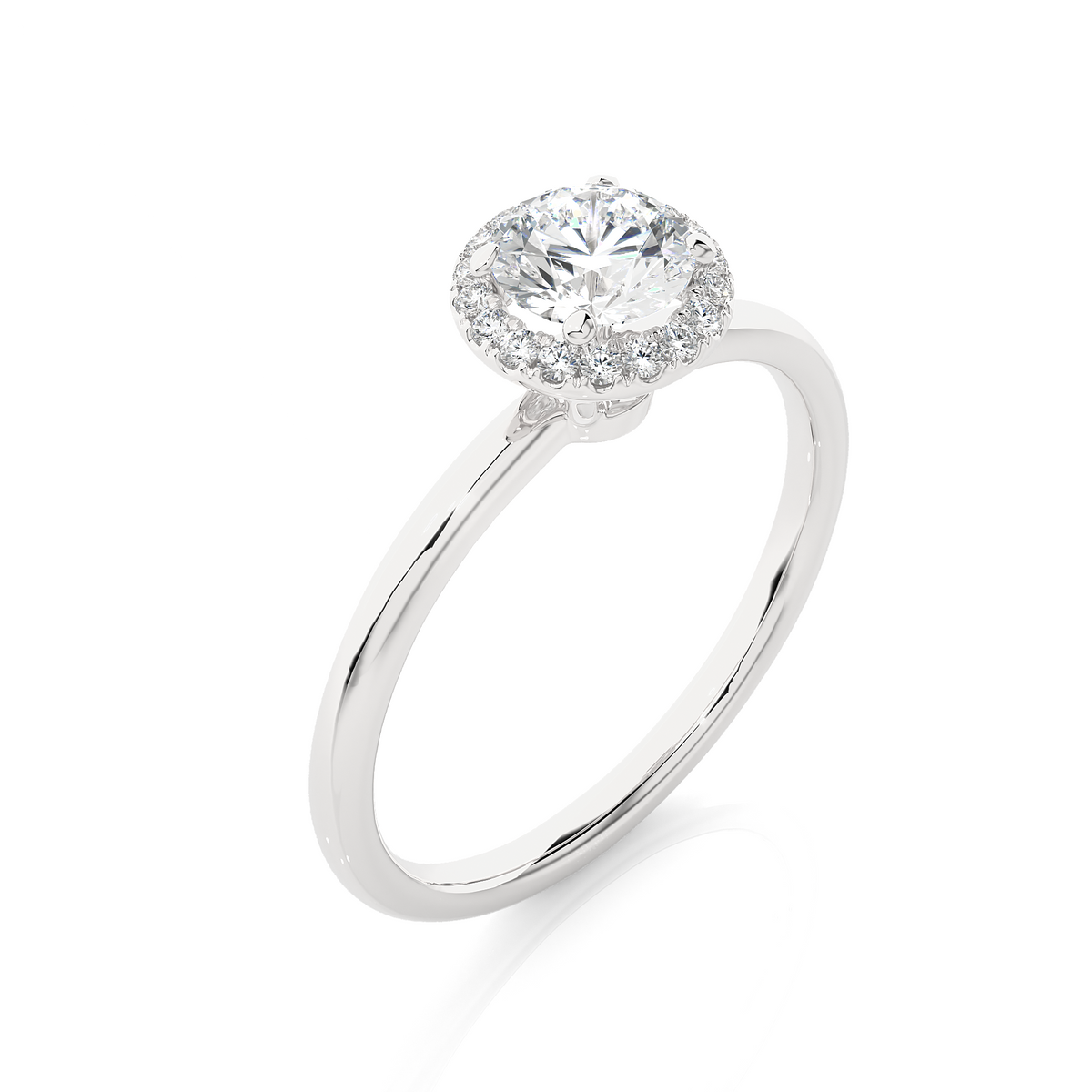 Round stone halo with plain band moissanite ring white gold