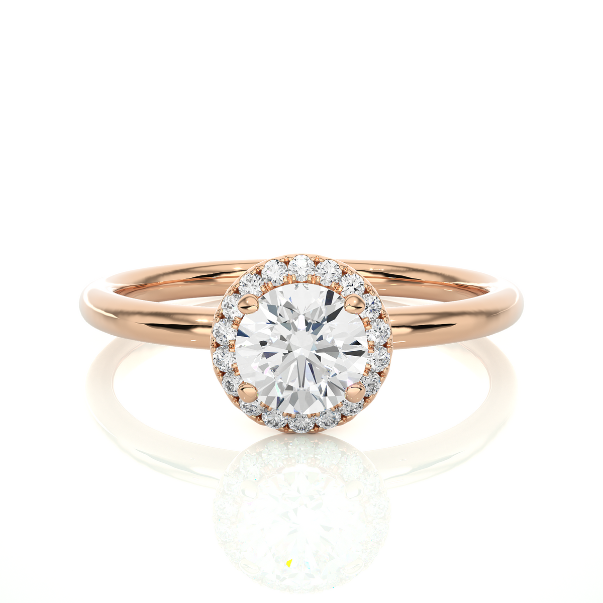 Round stone halo with plain band moissanite ring rose gold