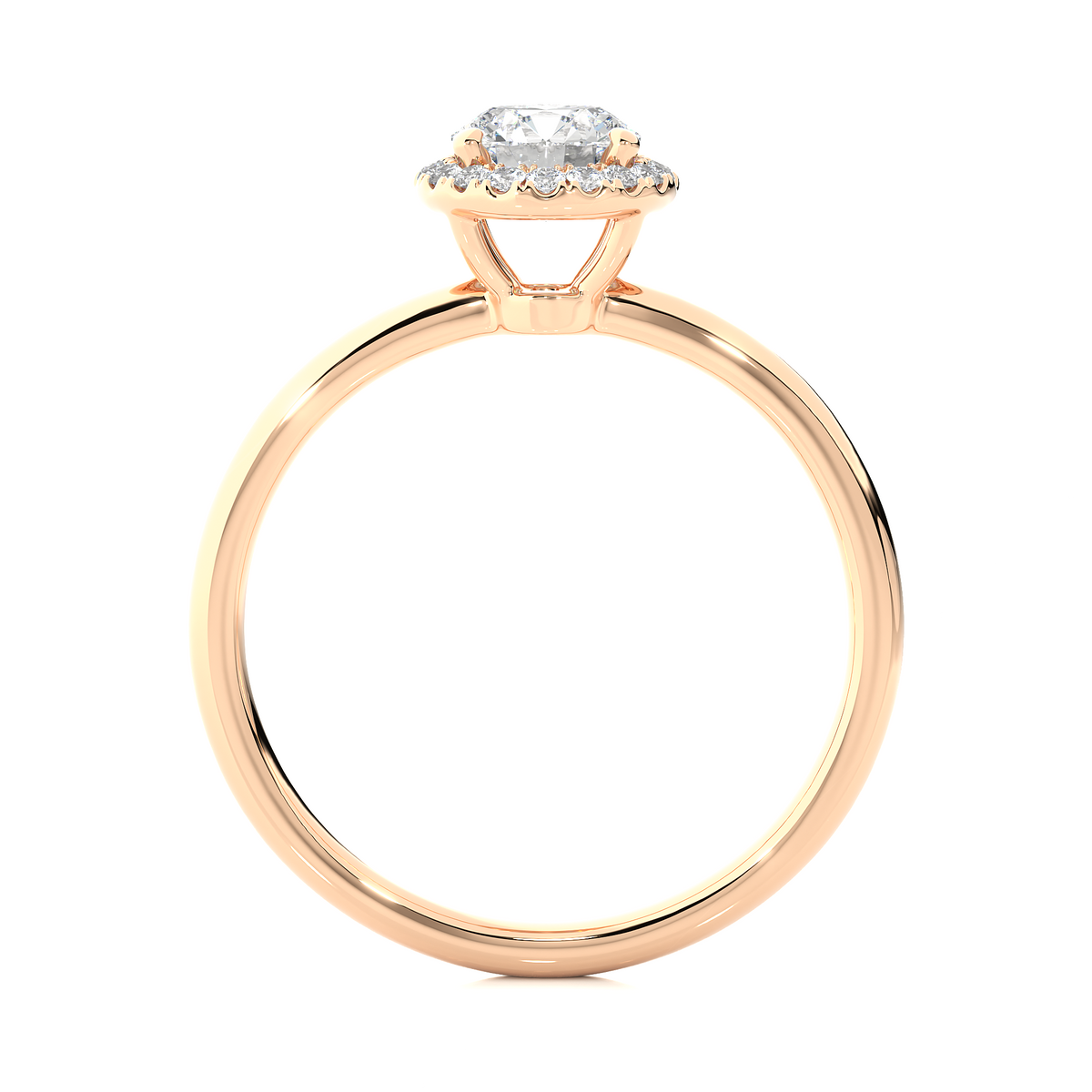 Round stone halo with plain band moissanite ring rose gold
