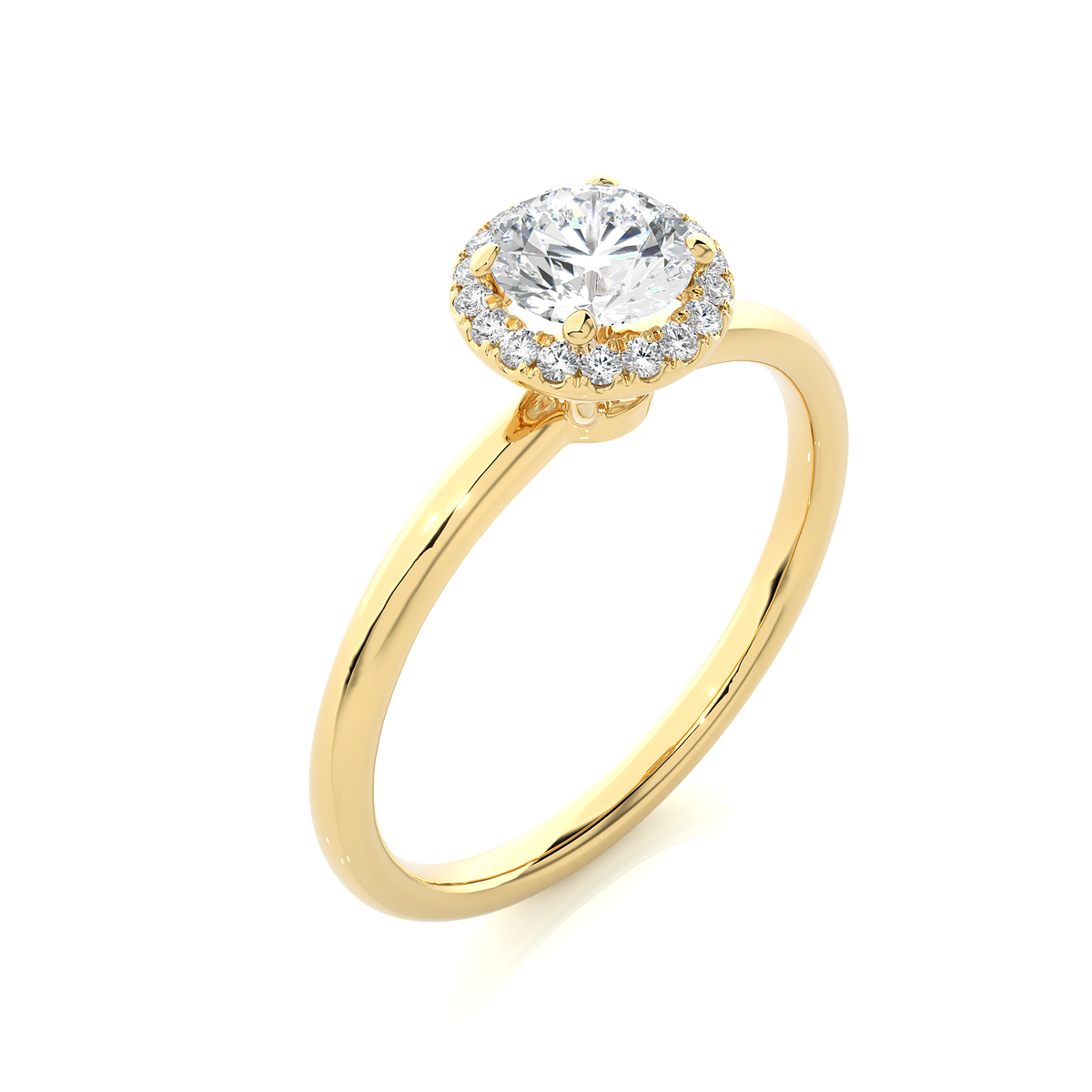 Round stone halo with plain band moissanite ring yellow gold