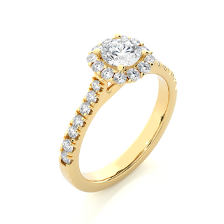 Round Stone Halo with V-Split Moissanite Engagement Ring yellow gold
