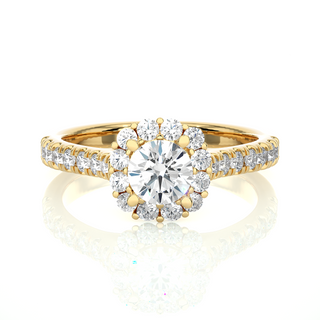 Round Stone Halo with V-Split Moissanite Engagement Ring yellow gold