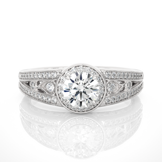 Round Stone Split Shank with Halo Moissanite Engagement Ring silver