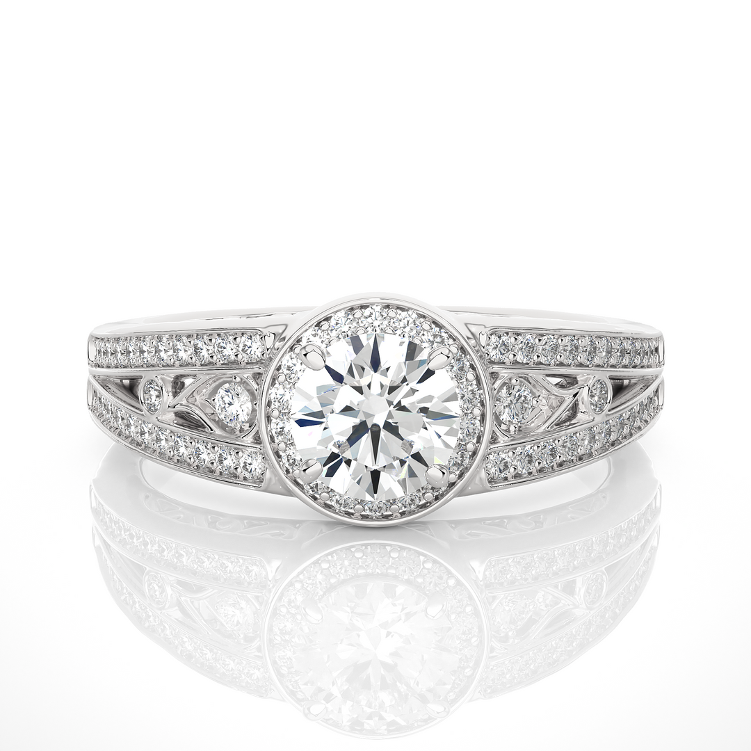 1.50 Carat Round Moissanite Split Shank Halo Engagement Ring In White Gold