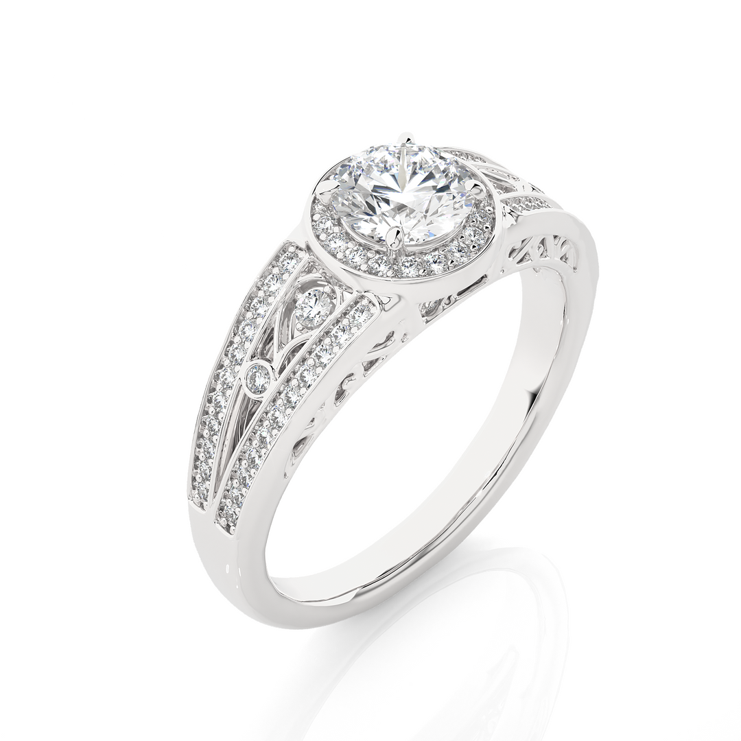 Round Stone Split Shank with Halo Moissanite Engagement Ring white gold