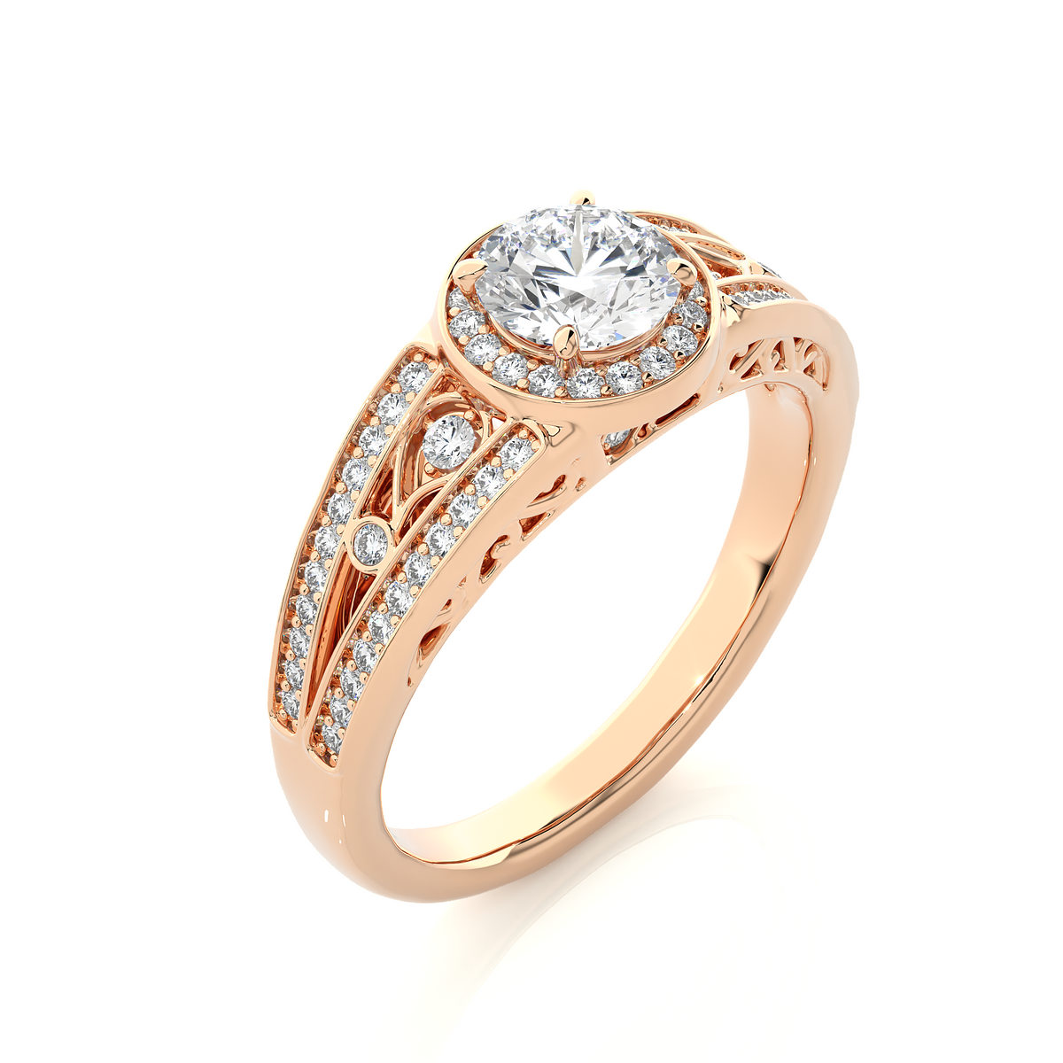 Round stone split shank with halo moissanite engagement ring rose gold