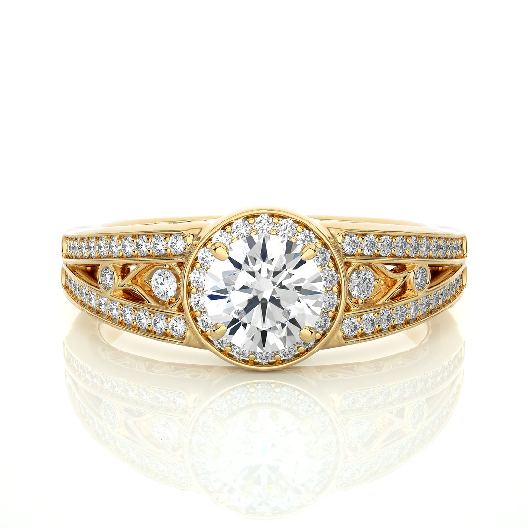 Round Stone Split Shank with Halo Moissanite Engagement Ring yellow gold