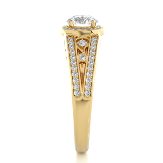 Round Stone Split Shank with Halo Moissanite Engagement Ring yellow gold