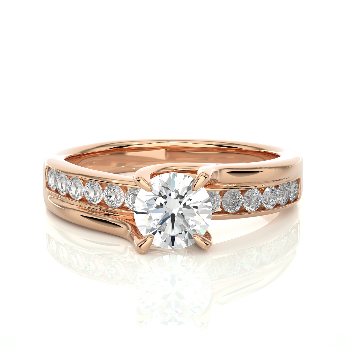 Round stone with four prong channel setting moissanite ring rose gold