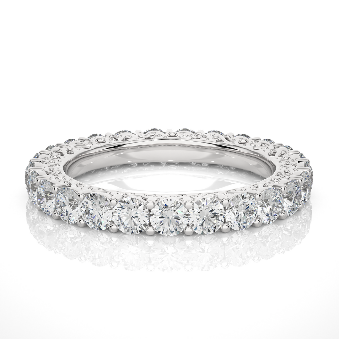 2 Ct Filigree Design Round Moissanite Eternity Band In White Gold