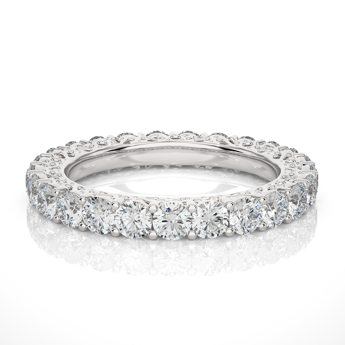 2 ct filigree design round moissanite eternity band in white gold