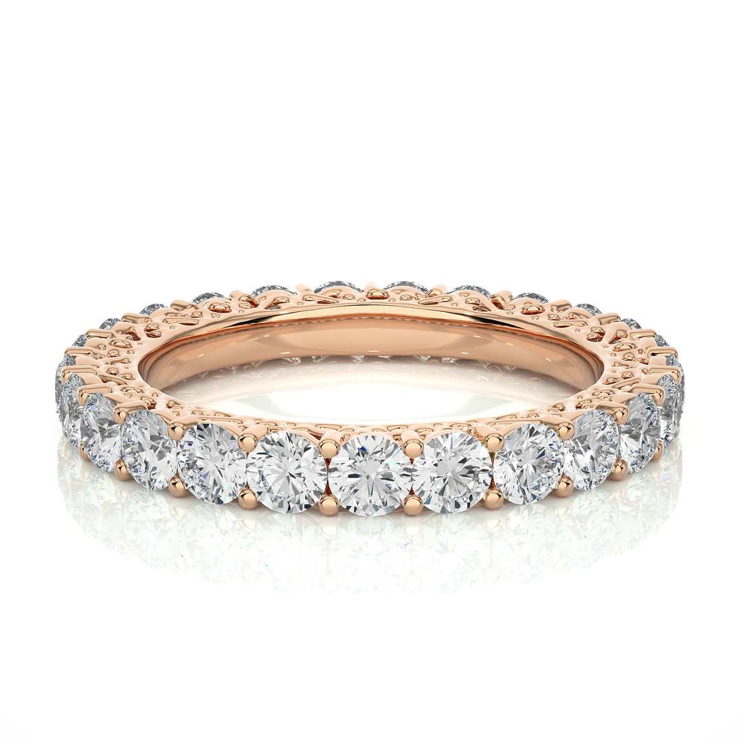 2 Carat Filigree Design Round Moissanite Eternity Band In Rose Gold