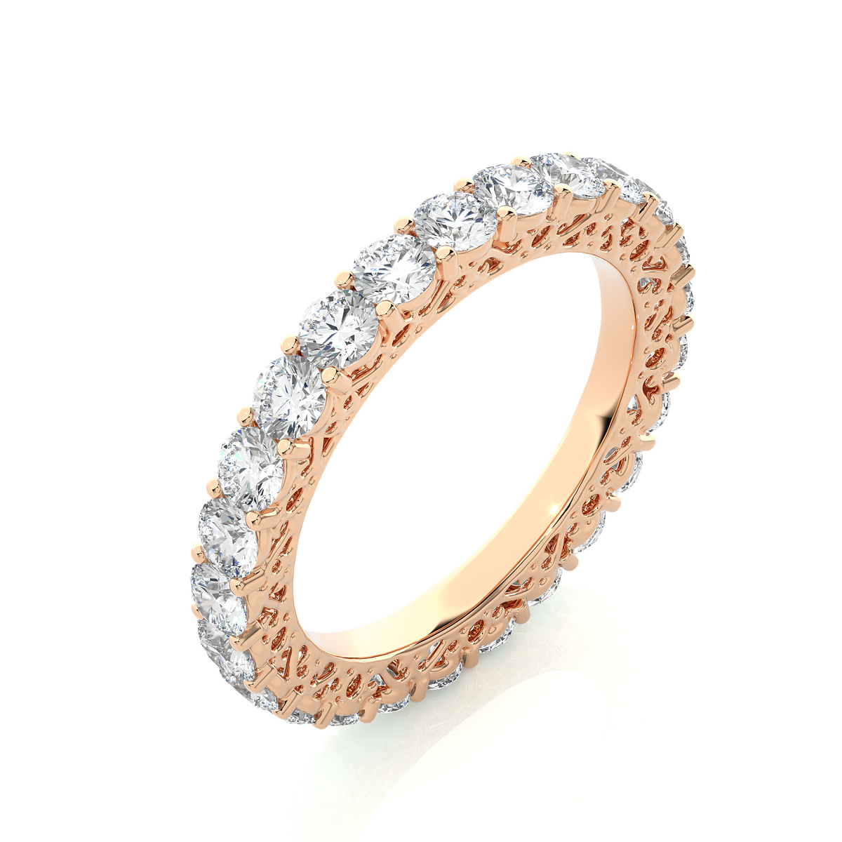 Round stone filigree pattern moissanite ring rose gold