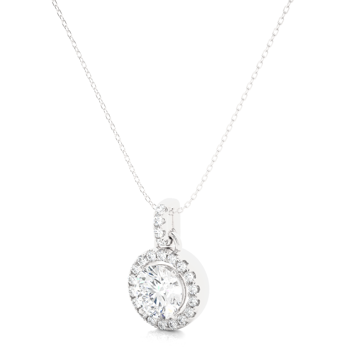 Round stone with halo moissanite pendant white gold