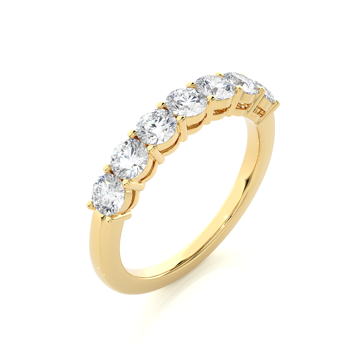 1 ct round moissanite seven stone half eternity band in yellow gold